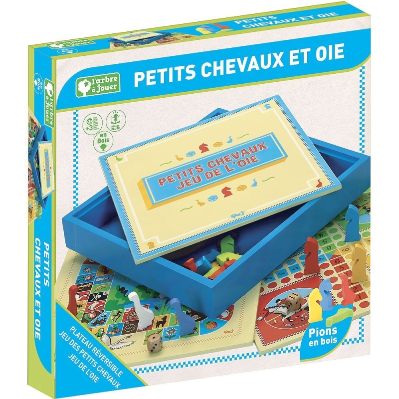 Coffret Jeu de petits chevaux en bois et jeu de l'oie