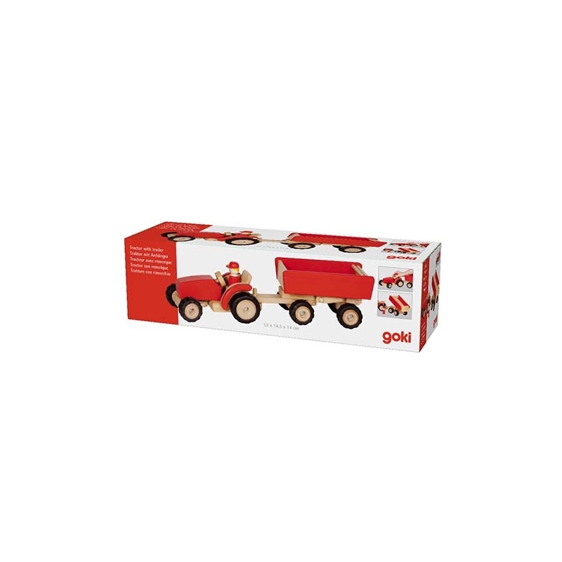 Tracteur en bois avec remorque rouge
