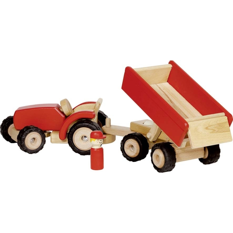 Tracteur en bois avec remorque rouge