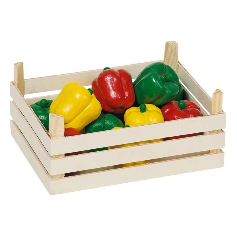 Poivrons dans une cagette en bois pour Marchande