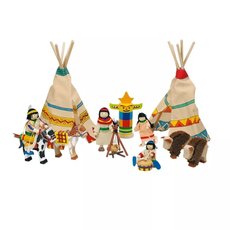 4 poupées articulées en bois et chiffon Camp d'indiens