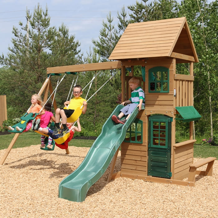 Balançoire et toboggan en bois, aire de jeux en bois pour les enfants à installer dans son jardin