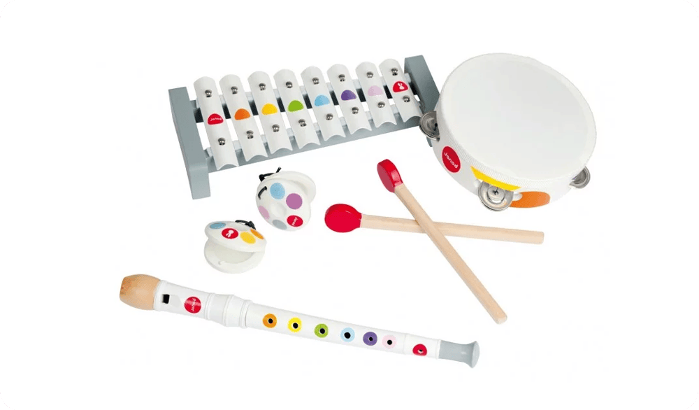 Découvrir la musique avec les instruments de musique en bois Janod pour les enfants.